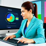 A professional female digital designer, fully clothed in a modest business suit, seated at a modern desk in a brightly lit, clean tech office. She is attentively interacting with a large, transparent digital screen displaying a vivid user interface. The interface showcases various color psychology examples: a prominent red 'Call to Action' button, a trustworthy blue navigation menu, and green success indicators on a chart. Her expression is focused and professional. Perfect anatomy, correct proportions, natural pose, well-formed hands, proper finger count, natural body proportions, professional photography, high resolution, safe for work, appropriate content, professional dress, family-friendly.