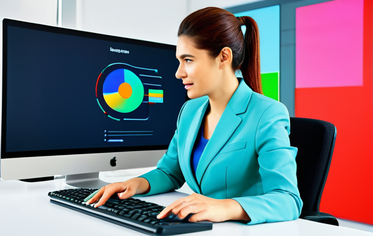 A professional female digital designer, fully clothed in a modest business suit, seated at a modern desk in a brightly lit, clean tech office. She is attentively interacting with a large, transparent digital screen displaying a vivid user interface. The interface showcases various color psychology examples: a prominent red 'Call to Action' button, a trustworthy blue navigation menu, and green success indicators on a chart. Her expression is focused and professional. Perfect anatomy, correct proportions, natural pose, well-formed hands, proper finger count, natural body proportions, professional photography, high resolution, safe for work, appropriate content, professional dress, family-friendly.