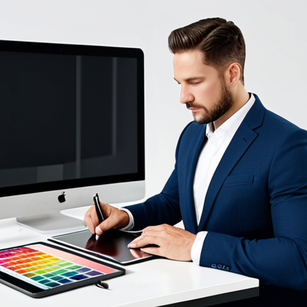 A focused, professional marketing strategist, fully clothed in a modest business suit, seated at a sleek desk in a modern, well-lit design studio. The strategist is intently reviewing multiple vibrant color swatches and digital brand identity concepts displayed on a tablet. The scene emphasizes the strategic interplay of colors and their psychological impact on branding. Perfect anatomy, correct proportions, natural pose, well-formed hands, proper finger count, natural body proportions. Safe for work, appropriate content, professional dress, high resolution, professional photography, sharp focus.