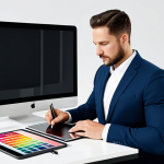 Home 8 A focused, professional marketing strategist, fully clothed in a modest business suit, seated at a sleek desk in a modern, well-lit design studio. The strategist is intently reviewing multiple vibrant color swatches and digital brand identity concepts displayed on a tablet. The scene emphasizes the strategic interplay of colors and their psychological impact on branding. Perfect anatomy, correct proportions, natural pose, well-formed hands, proper finger count, natural body proportions. Safe for work, appropriate content, professional dress, high resolution, professional photography, sharp focus.