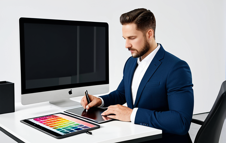 A focused, professional marketing strategist, fully clothed in a modest business suit, seated at a sleek desk in a modern, well-lit design studio. The strategist is intently reviewing multiple vibrant color swatches and digital brand identity concepts displayed on a tablet. The scene emphasizes the strategic interplay of colors and their psychological impact on branding. Perfect anatomy, correct proportions, natural pose, well-formed hands, proper finger count, natural body proportions. Safe for work, appropriate content, professional dress, high resolution, professional photography, sharp focus.