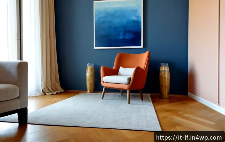 공간 디자인에서 시각적 균형 맞추기 - Photorealistic Italian apartment living room demonstrating visual balance in interior design, a warm...