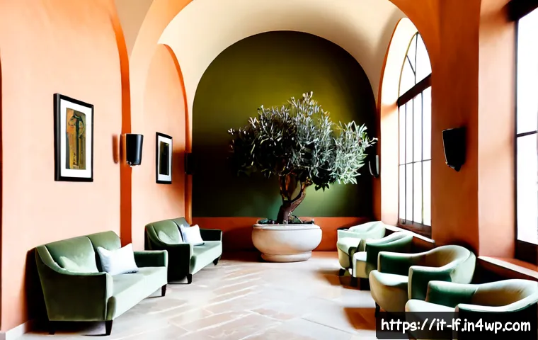색채 심리학을 이용한 호텔 인테리어 - Photorealistic upscale Italian boutique hotel lobby designed with color psychology, calming sage gre...